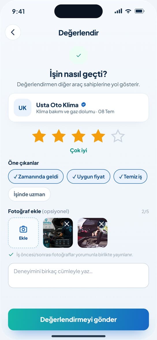 Otomiks uygulaması — Değerlendirme ekranı, yıldız puanı ve fotoğraflı yorum