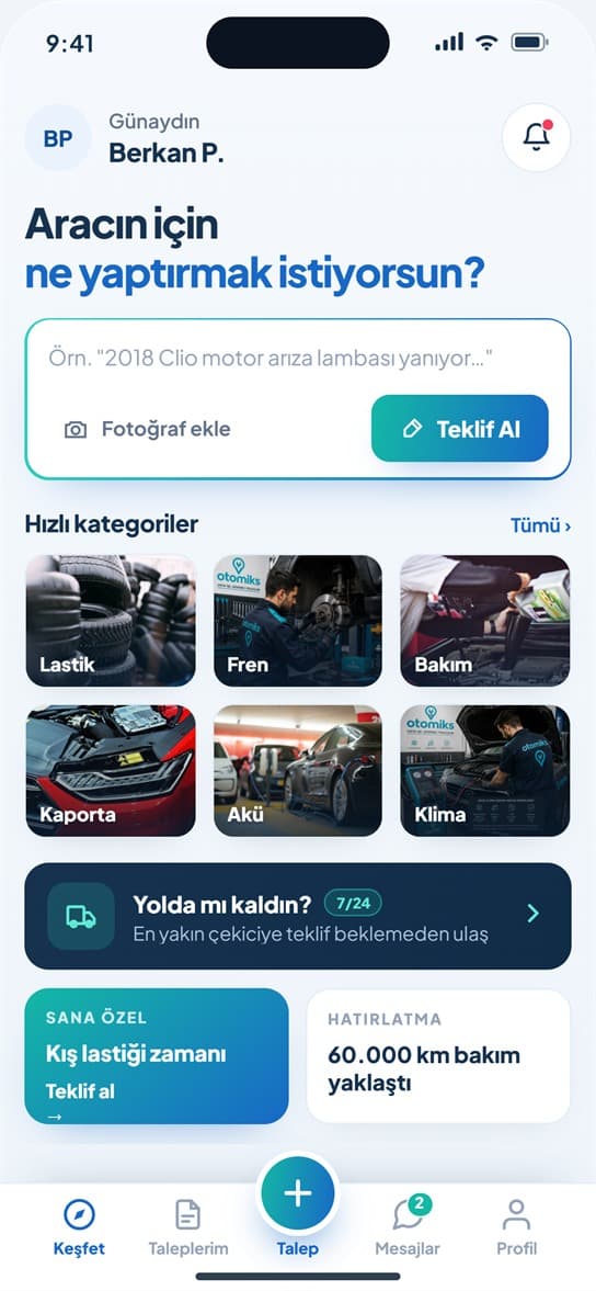 Otomiks uygulaması — Keşfet ekranı, sorununu yazıp teklif alma alanı ve hızlı kategoriler