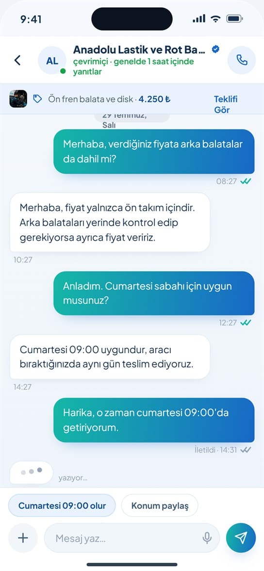 Otomiks uygulaması — Sohbet ekranı, usta ile teklif üzerinden yazışma
