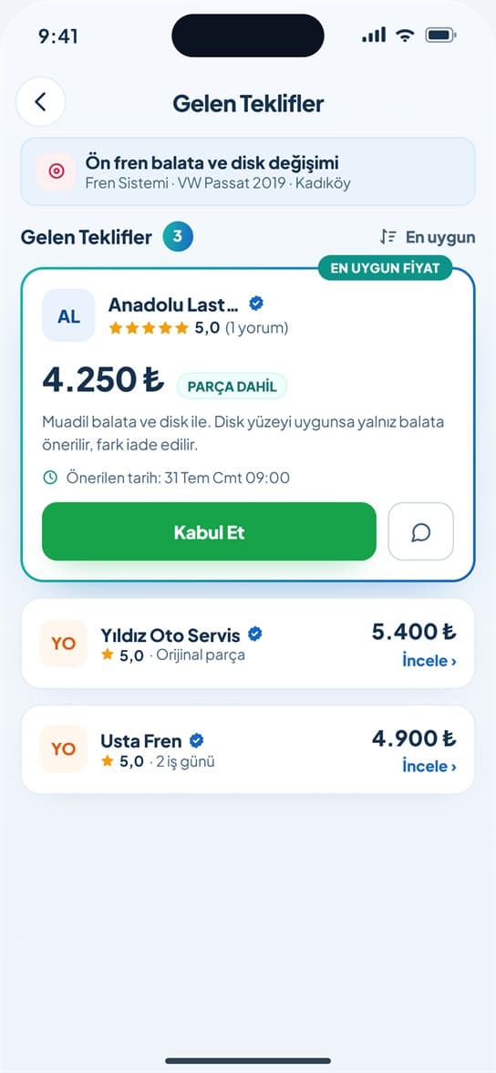 Otomiks uygulaması — Gelen teklifler ekranı, fiyat ve puanlarıyla usta teklifleri