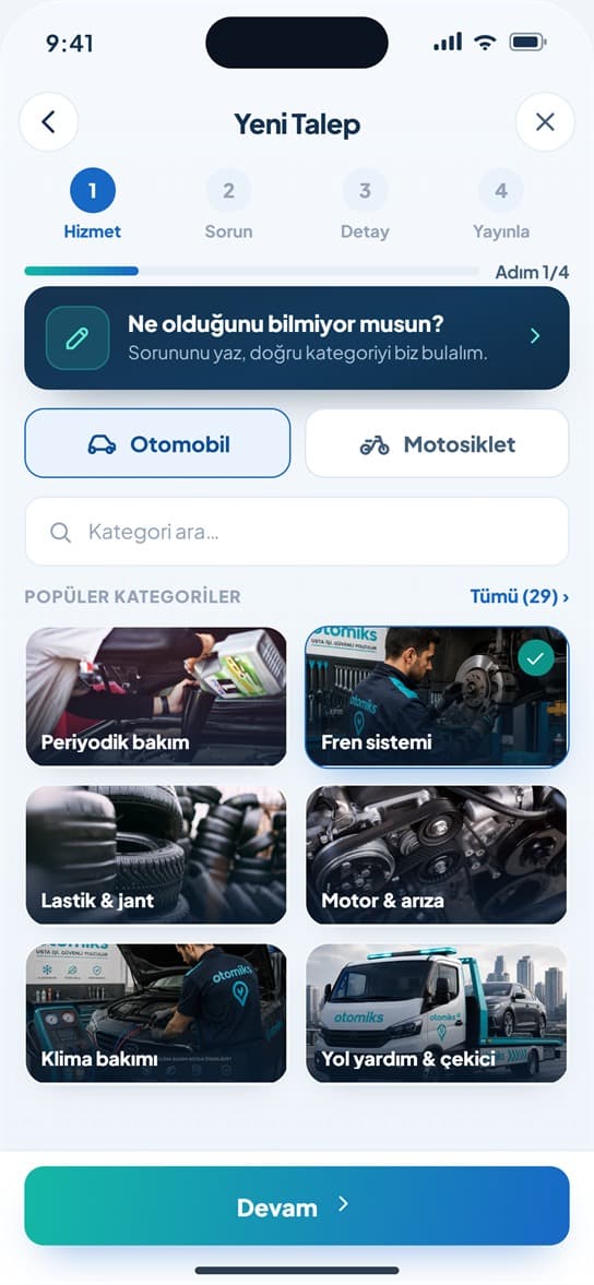 Otomiks uygulaması — Yeni talep sihirbazı, dört adımlı hizmet seçimi
