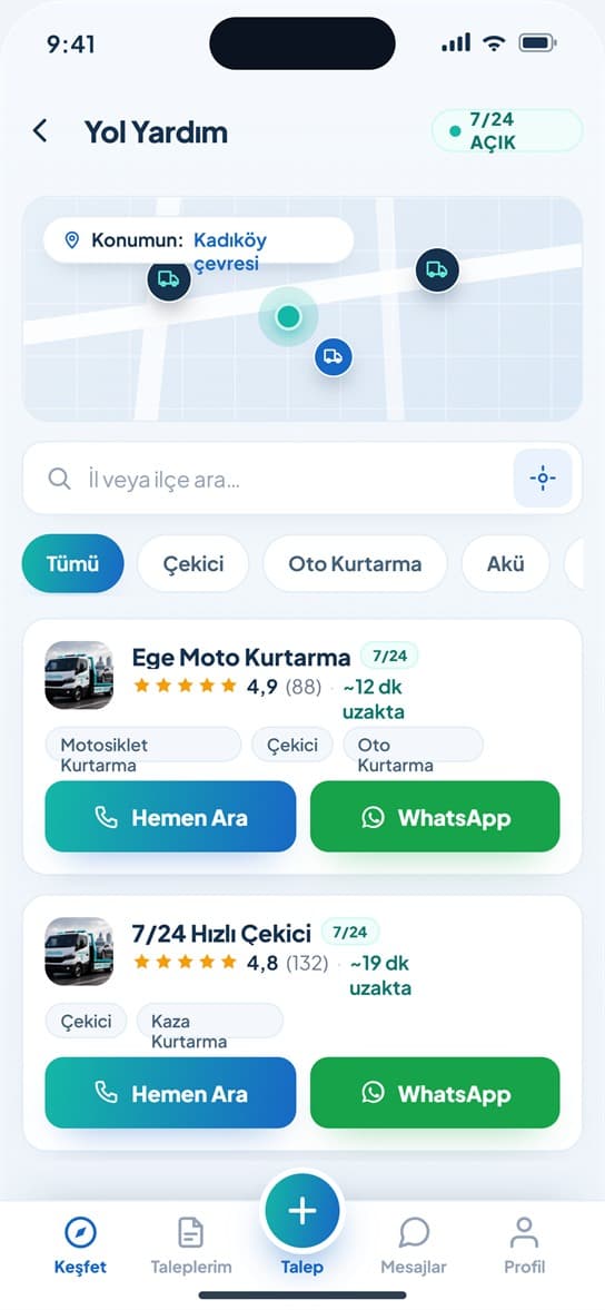 Otomiks uygulaması — Yol yardım ekranı, haritada en yakın çekici firmaları