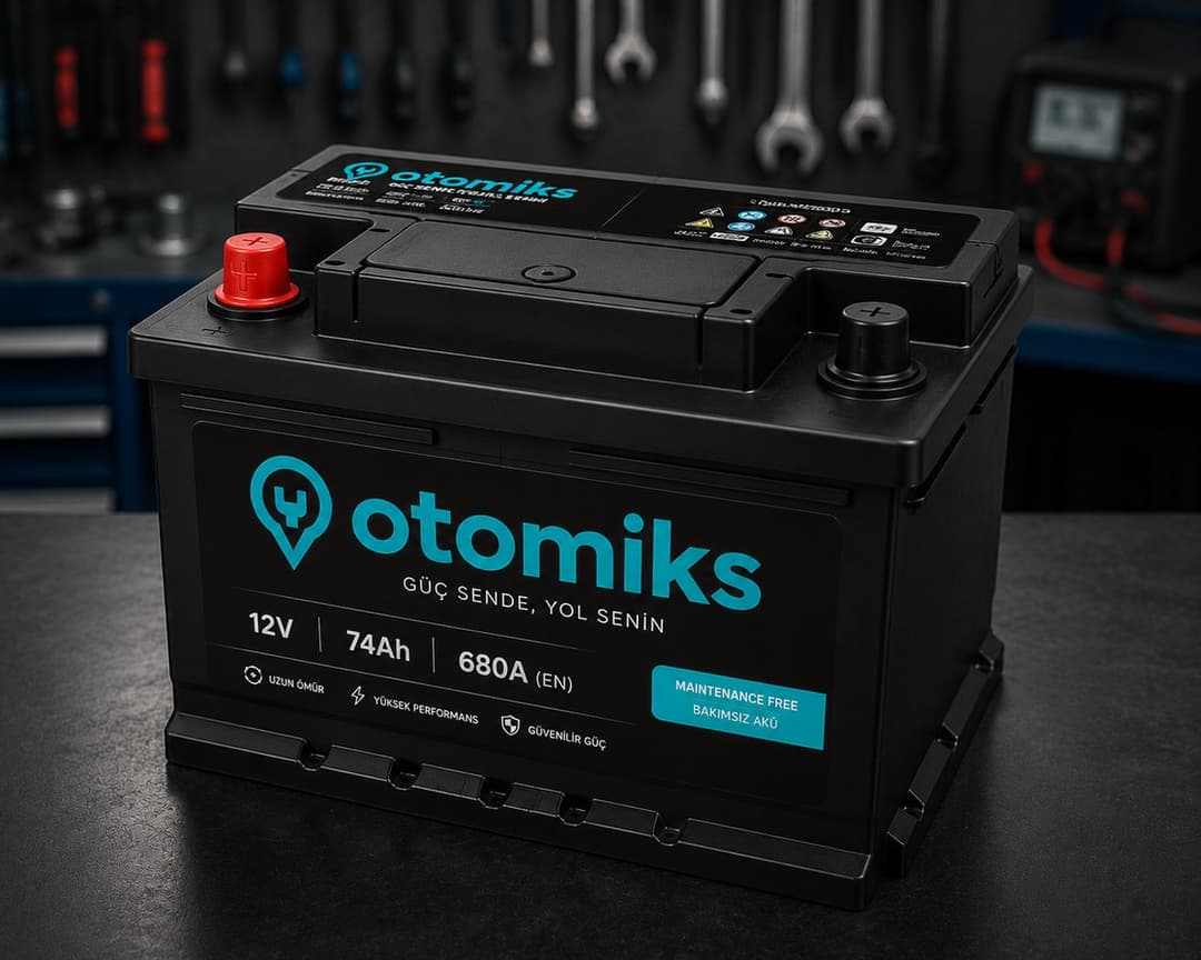 Otomiks marka 12V 74Ah bakımsız akü, servis tezgâhında